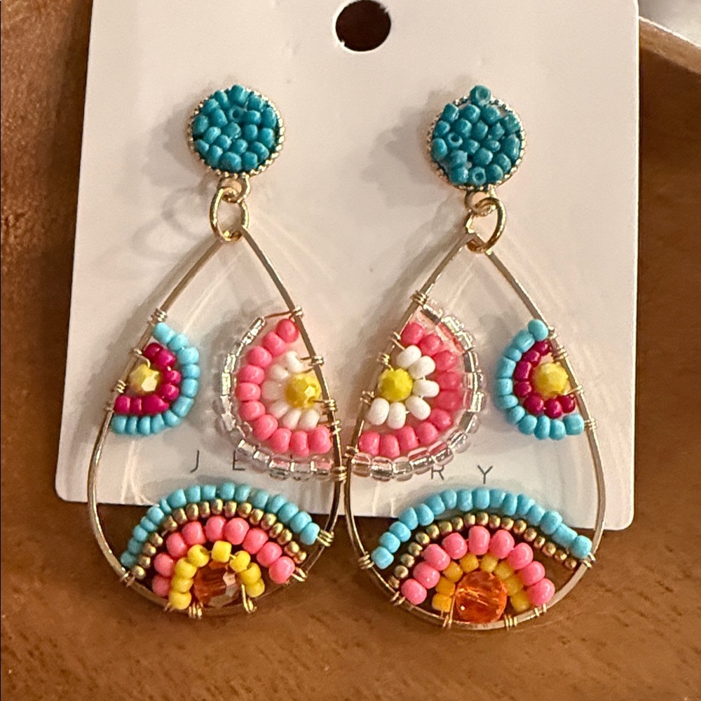 Colorful Beaded Teardrop Earrings - Multi coloured - gold tone
